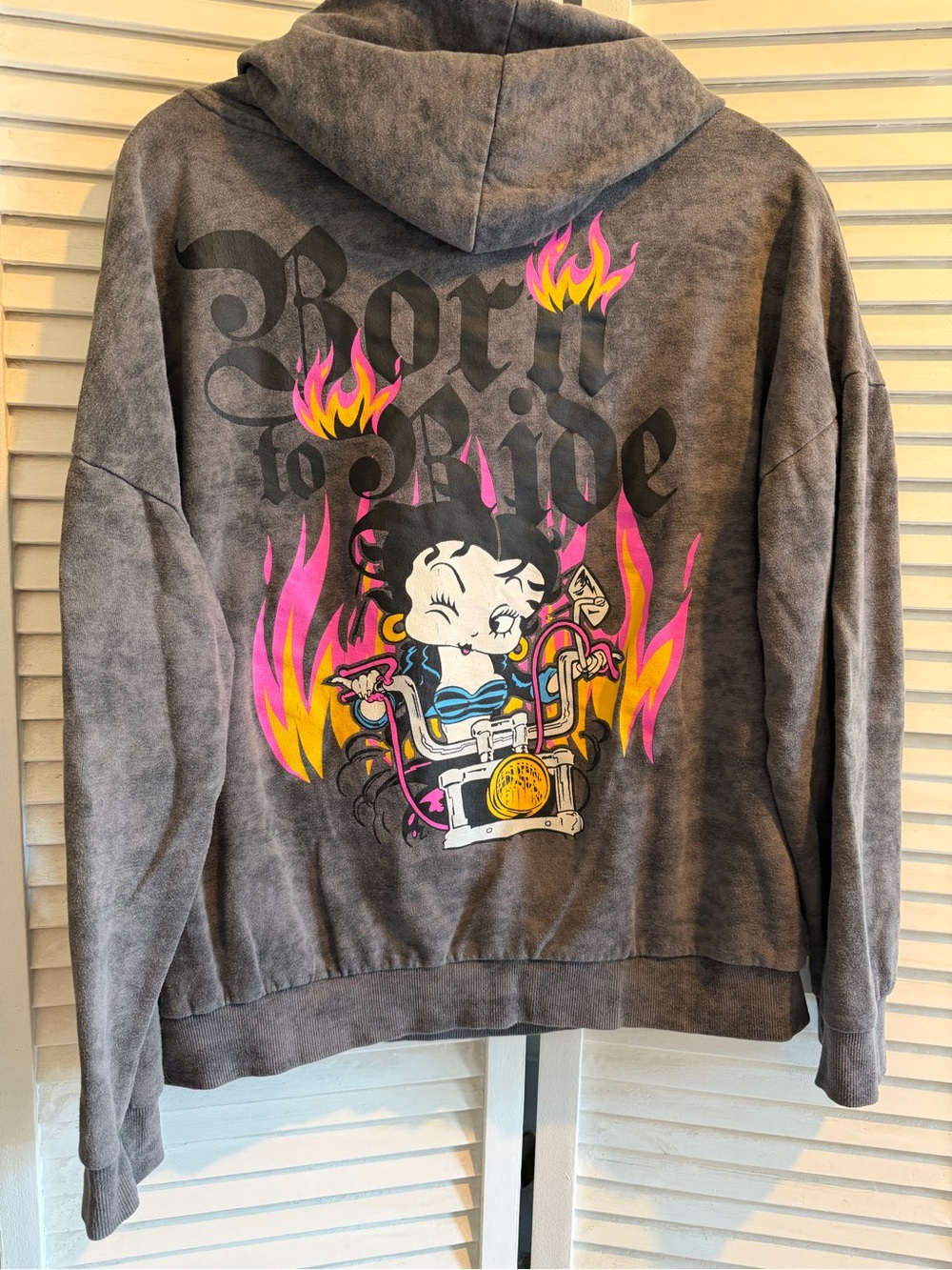 Betty Boop Motorcycle Club Acid Wash Hoodie Y2K Graphic Pullover Grey Pink Flame